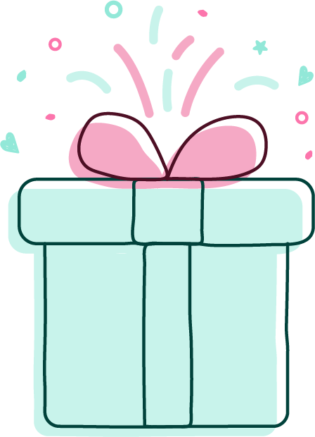 Turquoise gift box with a pink bow and heart and stars confetti on top