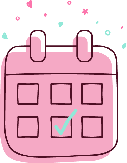 Calendar with 2 rows of three boxes and the bottom middle box checked marked with heart and star confetti on top