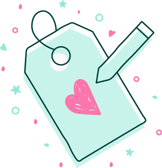 Gift tag with a pink heart drawn on the front surrounded by star and heart confetti
