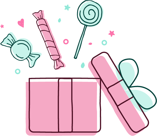 Opened pink gift box with Candies and star and heart confetti coming out from the top